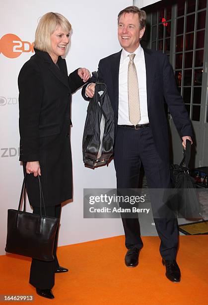 Gundula Gause and Claus Kleber pose on March 25, 2013 after a taping of one of the segments of the television program "50 Jahre ZDF" in Berlin,...