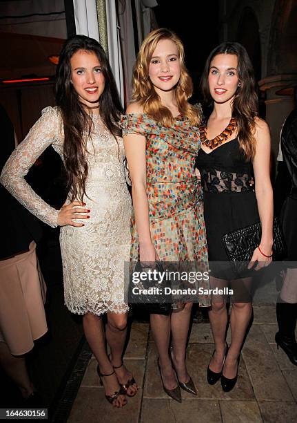 Model/actress Margaret Qualley and actresses Alexia Fast and Rainey Qualley attend the Dior Beauty Pre-Golden Globe Dinner at Chateau Marmont on...