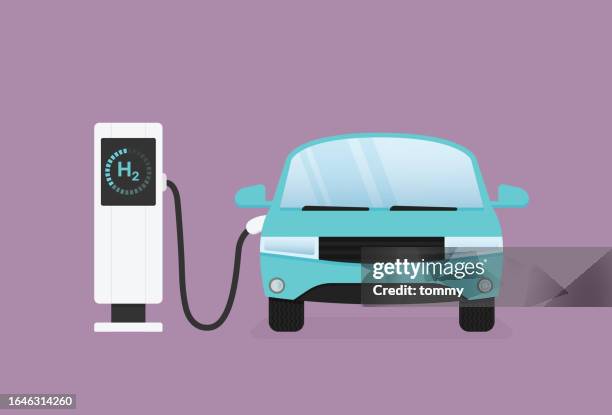 a car use a hydrogen power, hydrogen fuel cell electric cars - fuel cell battery stock illustrations