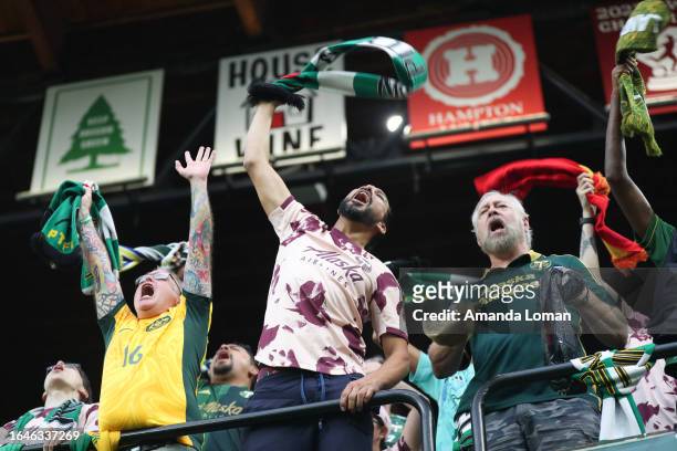 Portland Timbers supporters sing during the National Anthem before a game against Real Salt Lake at Providence Park on August 30, 2023 in Portland,...