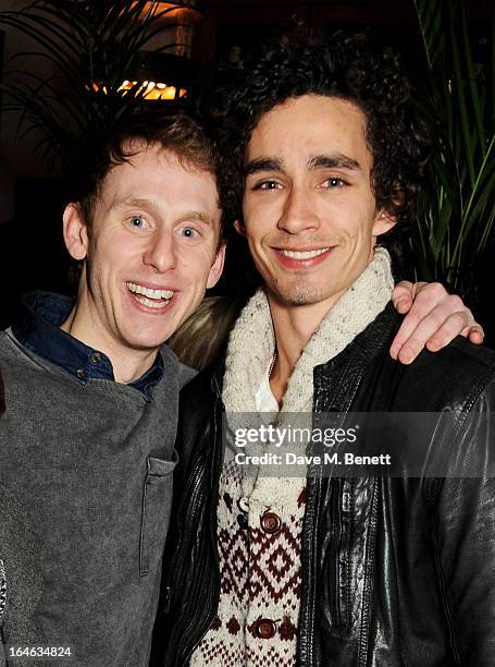 Robert Emms and Robert Sheehan attend an after party following the press night performance of 'Peter And Alice' at The National Cafe on March 25,...