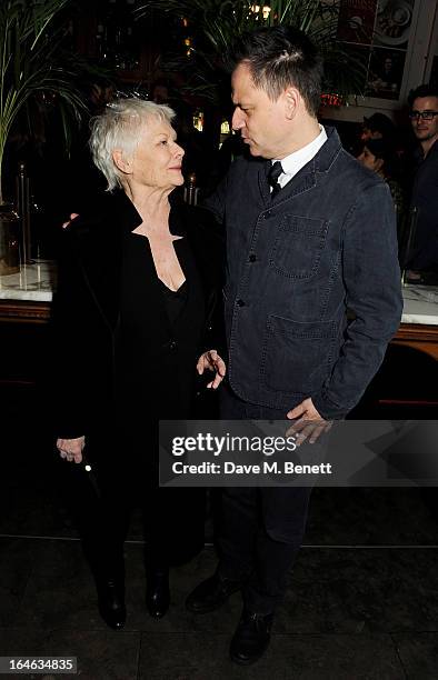 Dame Judi Dench and Michael Grandage attend an after party following the press night performance of 'Peter And Alice' at The National Cafe on March...