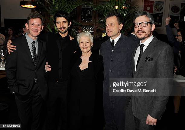 Playwright John Logan, Ben Whishaw, Dame Judi Dench, director Michael Grandage and producer James Bierman attend an after party following the press...