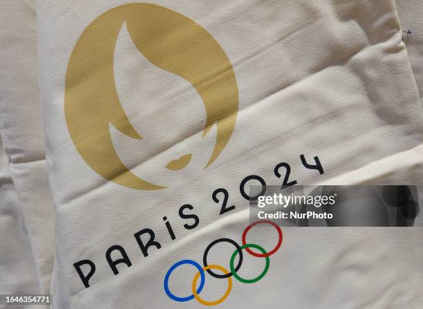 Paris Olympics 2024 logo on the bag on display in a shop at Paris Charles de Gaulle Airport, on August 14 in Roissy-en-France, France.