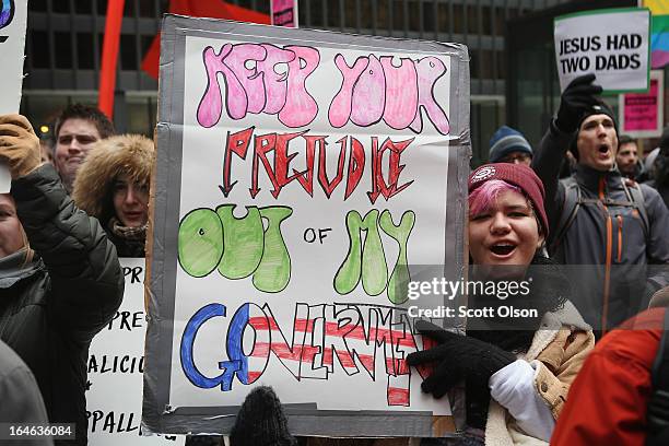 Anna Feldman participates in a rally in support of gay marriage March 25, 2013 in Chicago, Illinois. The Supreme Court will hear arguments this week...