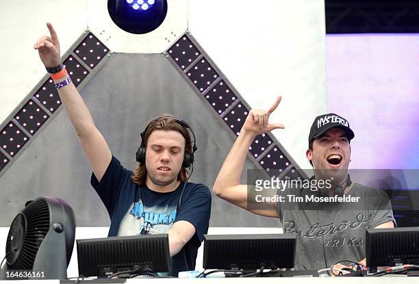 Paul Baumer and Maarten Hoogstraten of Bingo Players perform at the Ultra Music Festival on March 24, 2013 in Miami, Florida.