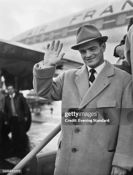 French boxer Alphonse Halimi arriving in London to fight Freddie Gilroy in a European bantamweight title bout, October 24th 1960.