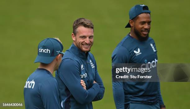 England captain Jos Buttler with team mates during nets ahead of the 1st T20 I between England and New Zealand at Seat Unique Riverside on August 29,...