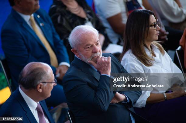 Vice President Geraldo Alckmin, President of Brazil Luiz Inácio Lula da Silva and the First Lady of Brazil Rosangela Janja da Silva look on during an...