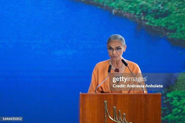 Minister of Environment Marina Silva speaks during an event to commemorate the International Amazon Rain forest Day at Salão Nobre of Planalto...