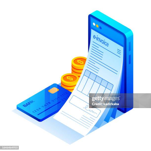 stockillustraties, clipart, cartoons en iconen met vector illustration of invoice payment isometric icon and three dimensional banner design. contactless payment, credit card, smartphone. - tikken en betalen