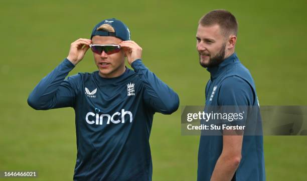 England bowlers Sam Curran and Gus Atkinson look on during nets ahead of the 1st T20 I between England and New Zealand at Seat Unique Riverside on...