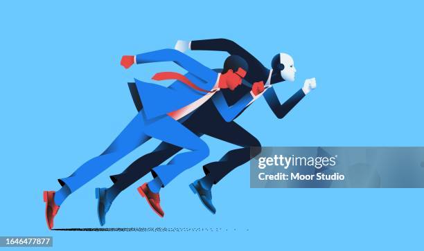 man in suit and robot running a race illustration - unemployed marketing professional searches for a job stock illustrations