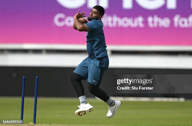 England bowler Rehan Ahmed in bowling action during nets ahead of the 1st T20 I between England and New Zealand at Seat Unique Riverside on August...