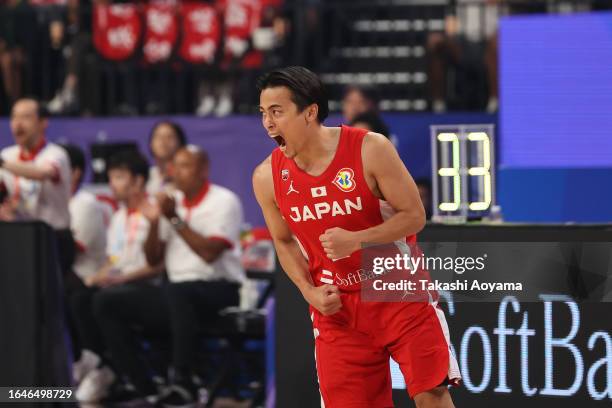 Yuki Togashi of Japan celebrates a three point basket during the FIBA Basketball World Cup Group E game between Australia and Japan at Okinawa Arena...