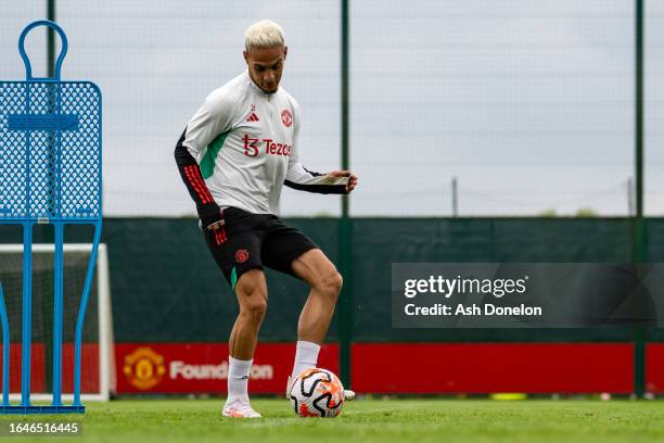 Antony of Manchester United in action during a first team training session at Carrington Training Ground on August 29, 2023 in Manchester, England.