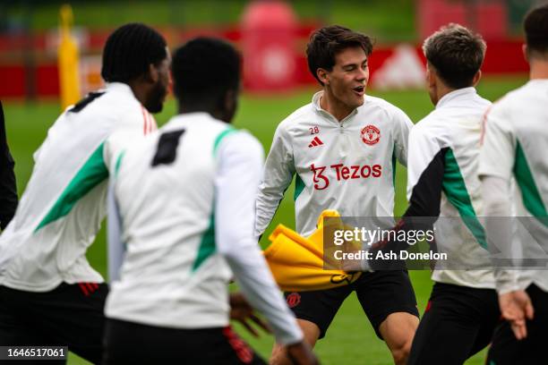 Facundo Pellistri of Manchester United in action during a first team training session at Carrington Training Ground on August 29, 2023 in Manchester,...