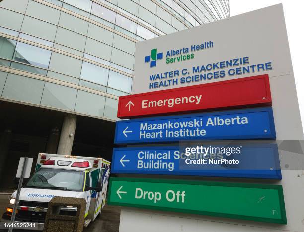 An ambulance waiting outside the Walter c. MacKenzie Health Sciences Center in Edmonton Center, on August 23 in Edmonton, Alberta, Canada.