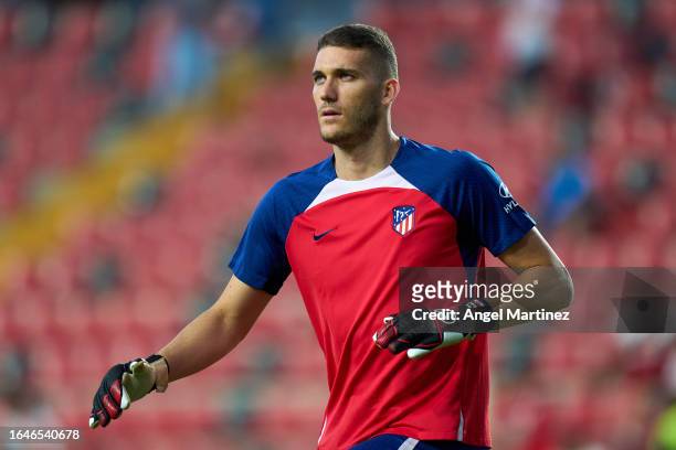 Ivo Grbic of Atletico de Madrid warms up prior to the LaLiga EA Sports match between Rayo Vallecano and Atletico Madrid at Estadio de Vallecas on...