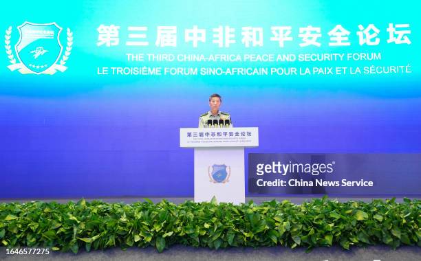 Chinese State Councilor and Minister of National Defense Li Shangfu speaks during the third China-Africa Peace and Security Forum on August 29, 2023...