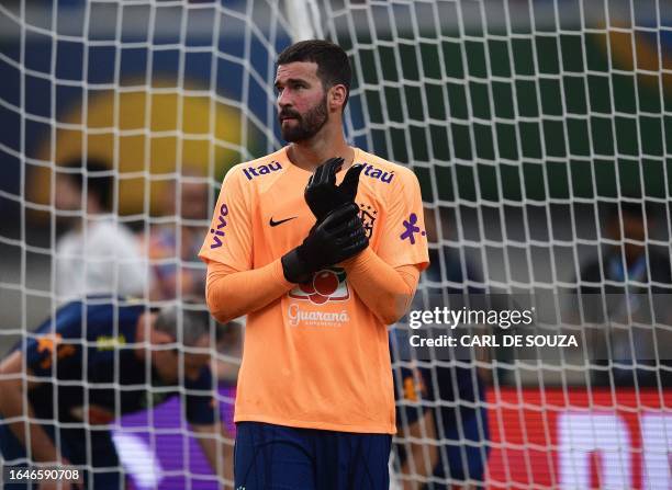 Brazil's goalkeeper Alisson is seen during a training session at the Mangueirao stadium in Belem, Para State, Brazil, on September 5 ahead of their...