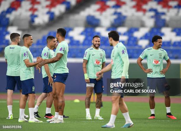 Brazil's forward Neymar is seen during a training session at the Mangueirao stadium in Belem, Para State, Brazil, on September 5 ahead of their 2026...