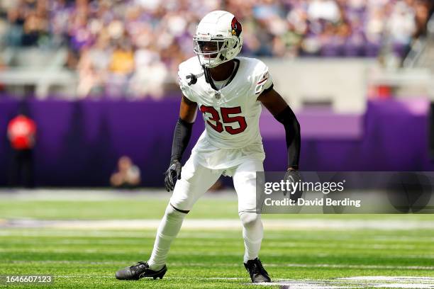 Christian Matthew of the Arizona Cardinals competes against the Minnesota Vikings in the first half of a preseason game at U.S. Bank Stadium on...