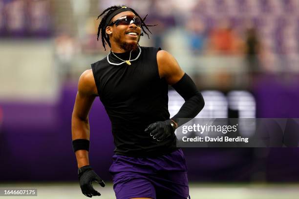 Justin Jefferson of the Minnesota Vikings looks on prior to the start of a preseason game against the Arizona Cardinals at U.S. Bank Stadium on...