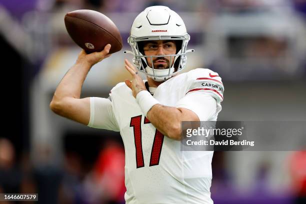 David Blough of the Arizona Cardinals warms up prior to the start of a preseason game against the Minnesota Vikings at U.S. Bank Stadium on August...