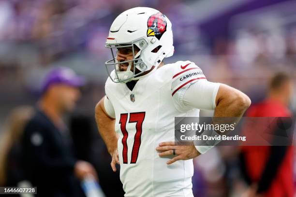 David Blough of the Arizona Cardinals looks on prior to the start of a preseason game against the Minnesota Vikings at U.S. Bank Stadium on August...