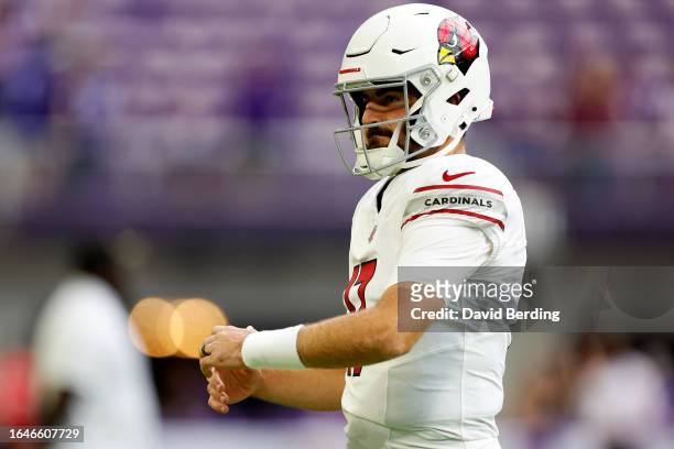 David Blough of the Arizona Cardinals looks on prior to the start of a preseason game against the Minnesota Vikings at U.S. Bank Stadium on August...