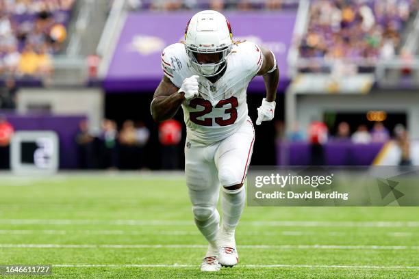 Corey Clement of the Arizona Cardinals competes against the Minnesota Vikings in the second half of a preseason game at U.S. Bank Stadium on August...