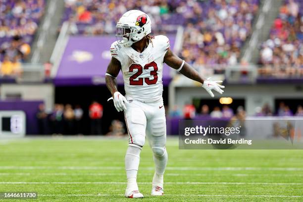 Corey Clement of the Arizona Cardinals looks on against the Minnesota Vikings in the second half of a preseason game at U.S. Bank Stadium on August...