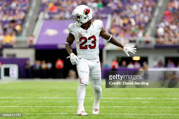 Corey Clement of the Arizona Cardinals looks on against the Minnesota Vikings in the second half of a preseason game at U.S. Bank Stadium on August...