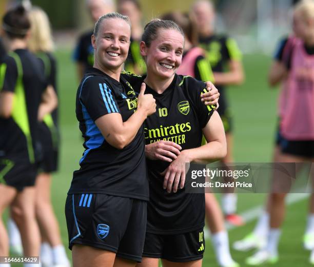 Beth Mead and Kim Little of Arsenal during the Arsenal Women's training session at London Colney on August 29, 2023 in St Albans, England.