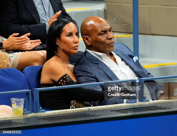 Lakiha Spicer and Mike Tyson are seen at the opening day 2023 US Open Tennis Tournament on August 28, 2023 in New York City.