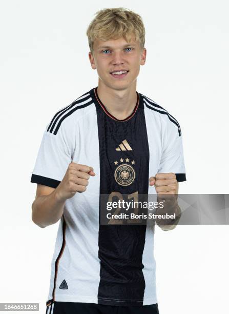 Frans Krätzig of U20 Germany poses during the U20 Germany Team Presentation at Hotel Berlin Berlin on September 5, 2023 in Berlin, Germany.