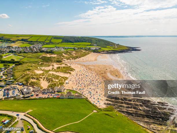 croyde beach and sand dunes in devon - north devon stock pictures, royalty-free photos & images
