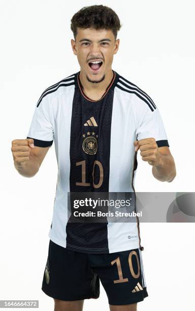 Mika Baur of U20 Germany poses during the U20 Germany Team Presentation at Hotel Berlin Berlin on September 5, 2023 in Berlin, Germany.