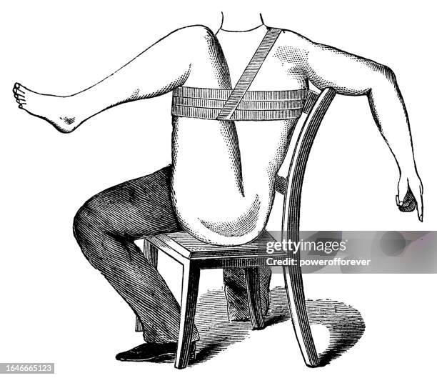 erste-hilfe-illustration eines menschlichen beins mit beugung des gelenks, um schwere blutungen über dem knie zu stoppen - 19. jahrhundert - medical diagram stock-grafiken, -clipart, -cartoons und -symbole