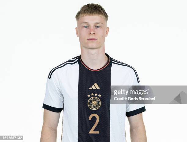 Julian Eitschberger of U20 Germany poses during the U20 Germany Team Presentation at Hotel Berlin Berlin on September 5, 2023 in Berlin, Germany.