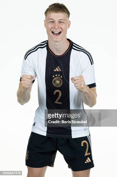 Julian Eitschberger of U20 Germany poses during the U20 Germany Team Presentation at Hotel Berlin Berlin on September 5, 2023 in Berlin, Germany.
