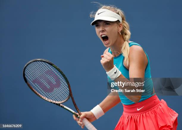 Katie Boulter of Great Britain celebrates a point against Diane Parry of France during their Women's Singles First Round match on Day Two of the 2023...