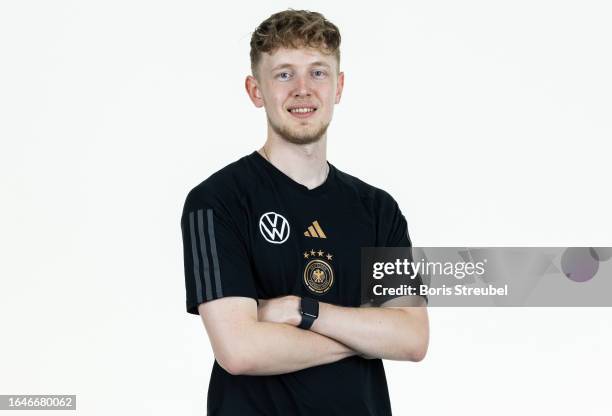 Yannik Zähringer of U20 Germany staff poses during the U20 Germany Team Presentation at Hotel Berlin Berlin on September 5, 2023 in Berlin, Germany.