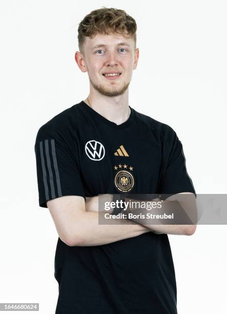 Yannik Zähringer of U20 Germany staff poses during the U20 Germany Team Presentation at Hotel Berlin Berlin on September 5, 2023 in Berlin, Germany.