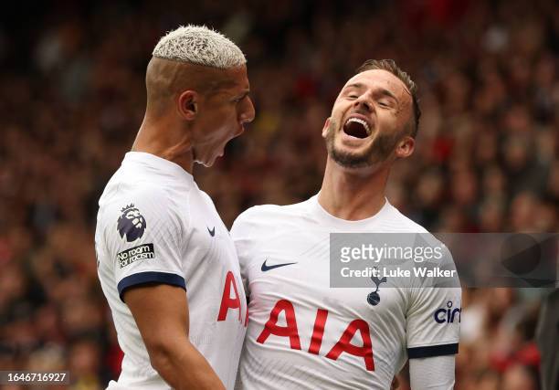 James Maddison of Tottenham Hotspur celebrates with Richarlison of Tottenham Hotspur after scoring the team's first goal during the Premier League...