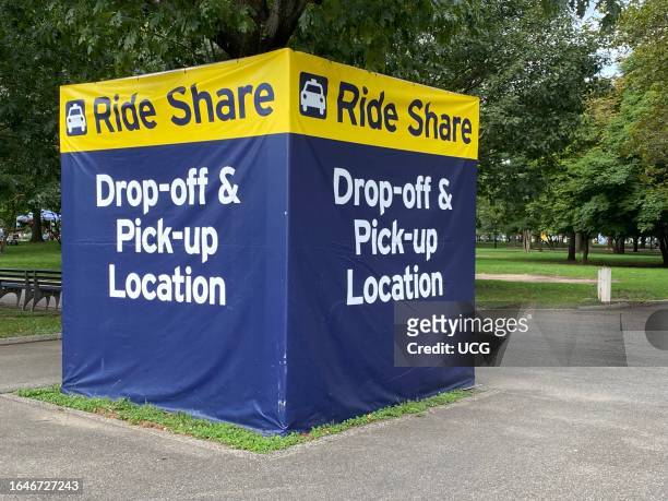 Open, Ride Share pick up and drop off location, Flushing Meadows Corona Park, Queens, New York.