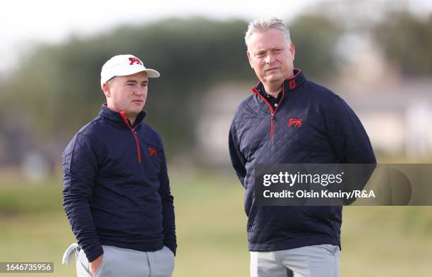 John Gough of team GB&I with team captain Stuart Wilson during a practice round prior to the Walker Cup at St Andrews Old Course on August 29, 2023...