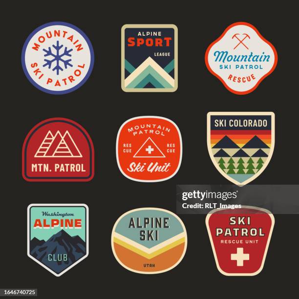 retro skiing patches - mountain climbing stock illustrations