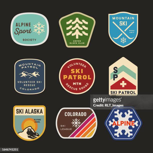 retro skiing patches - textile patch stock illustrations